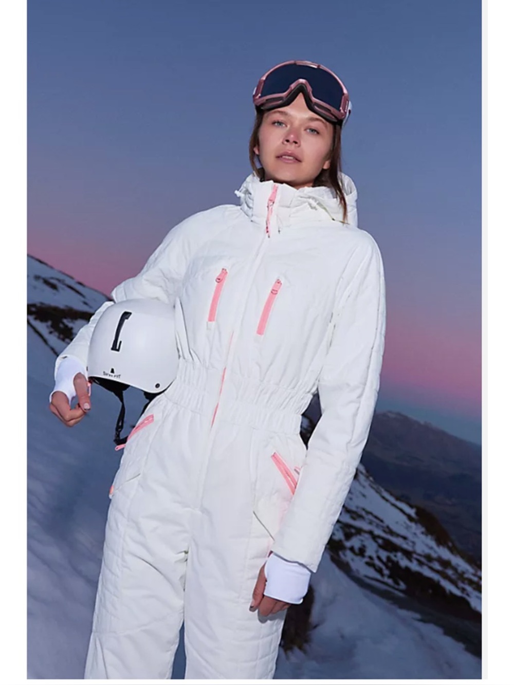 Free People White Ski Jumpsuit with Pink Zip Accents